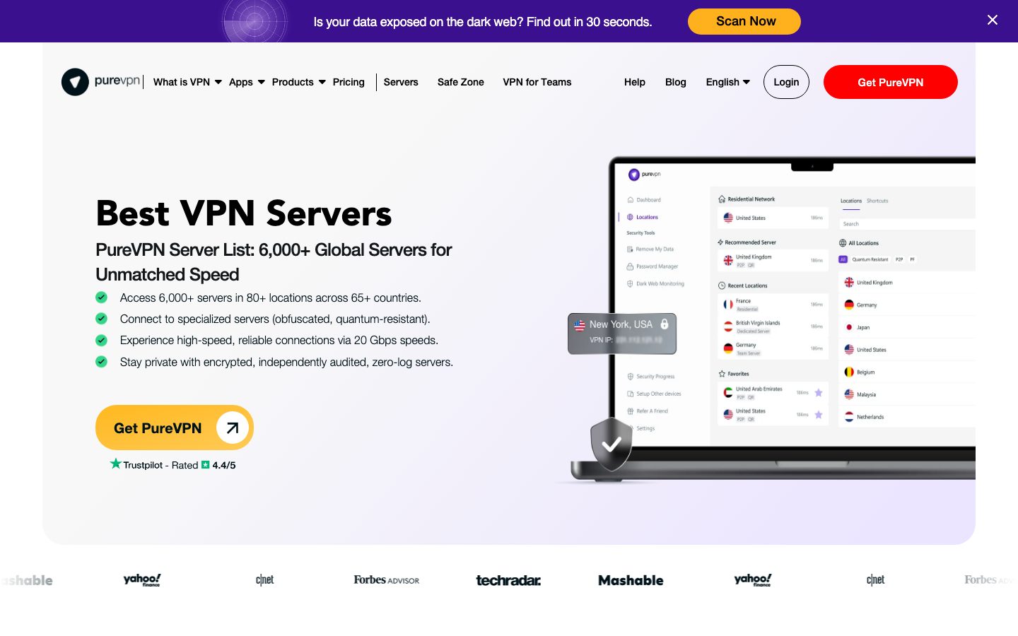 PureVPN servers page listing 6,000+ servers, 80+ locations and 65+ countries