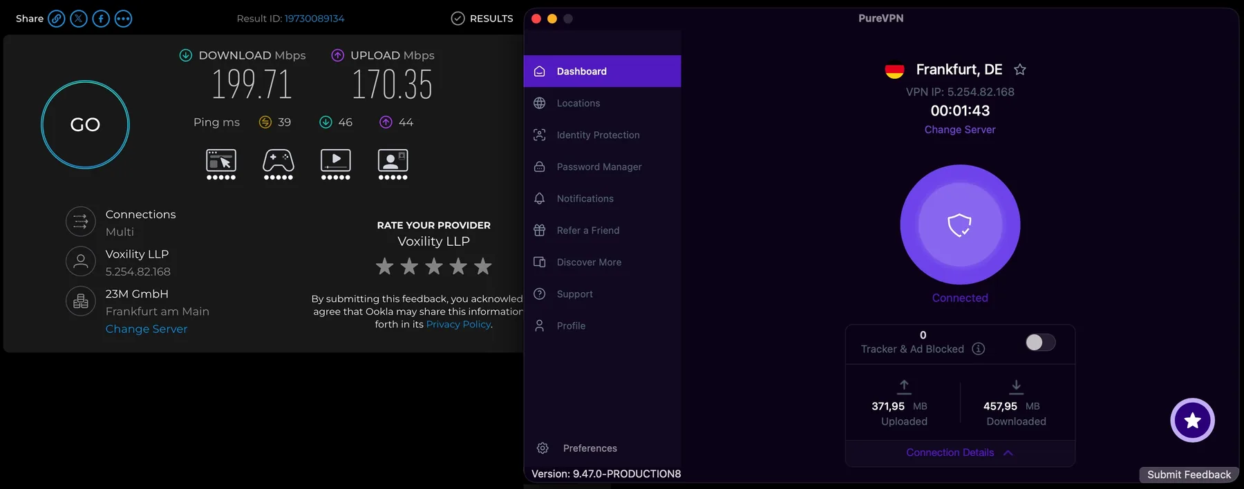 Speedtest, подключение к Франкфурт: 199,71 Мбит/с загрузка, 170,35 отдача, пинг 39 мс.