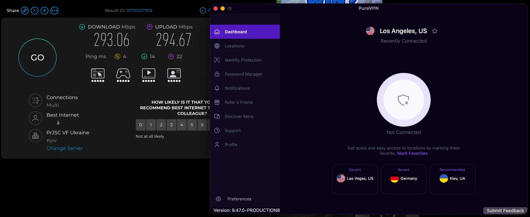 Speedtest при отключённом PureVPN: 293,06 Мбит/с загрузка, 294,67 отдача, пинг 4 мс.