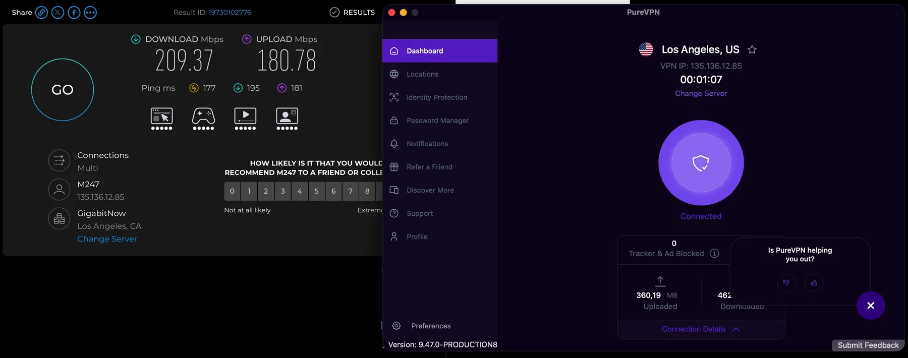 Speedtest, подключение к Лос-Анджелес: 209,37 Мбит/с загрузка, 180,78 отдача, пинг 177 мс.